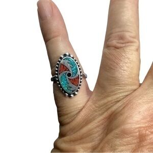 Adjustable sterling silver coral turquoise inlay ring